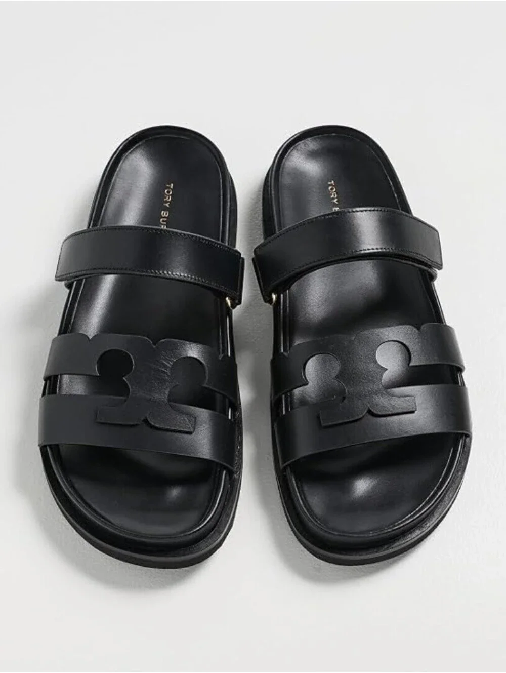 Size 7.5 - Tory Burch Ines Black Leather Logo Slide Sandals